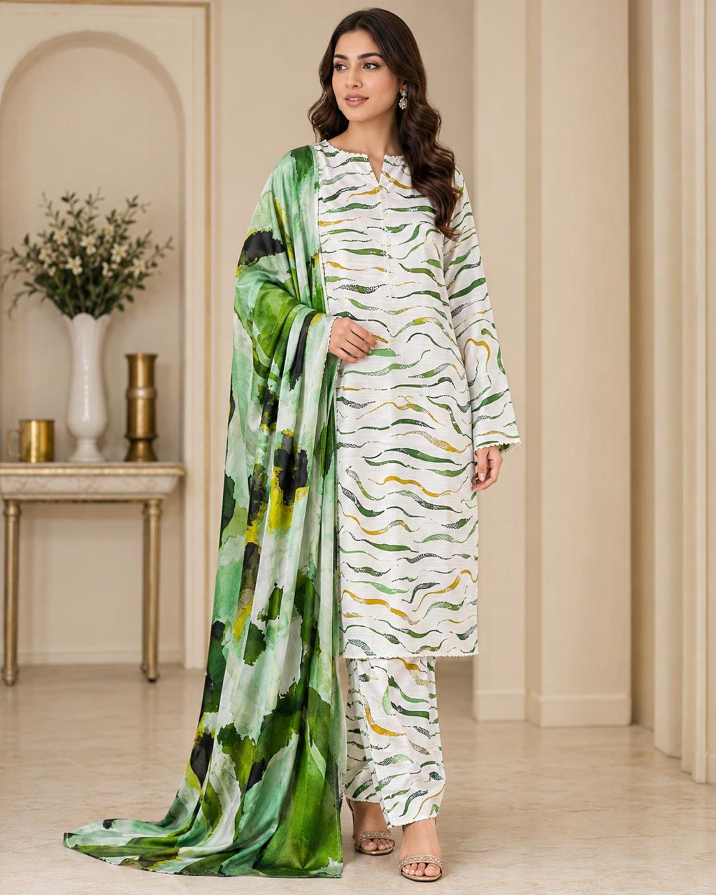 Emerald Wave — 3-Piece Unstitched Printed Lawn Suit