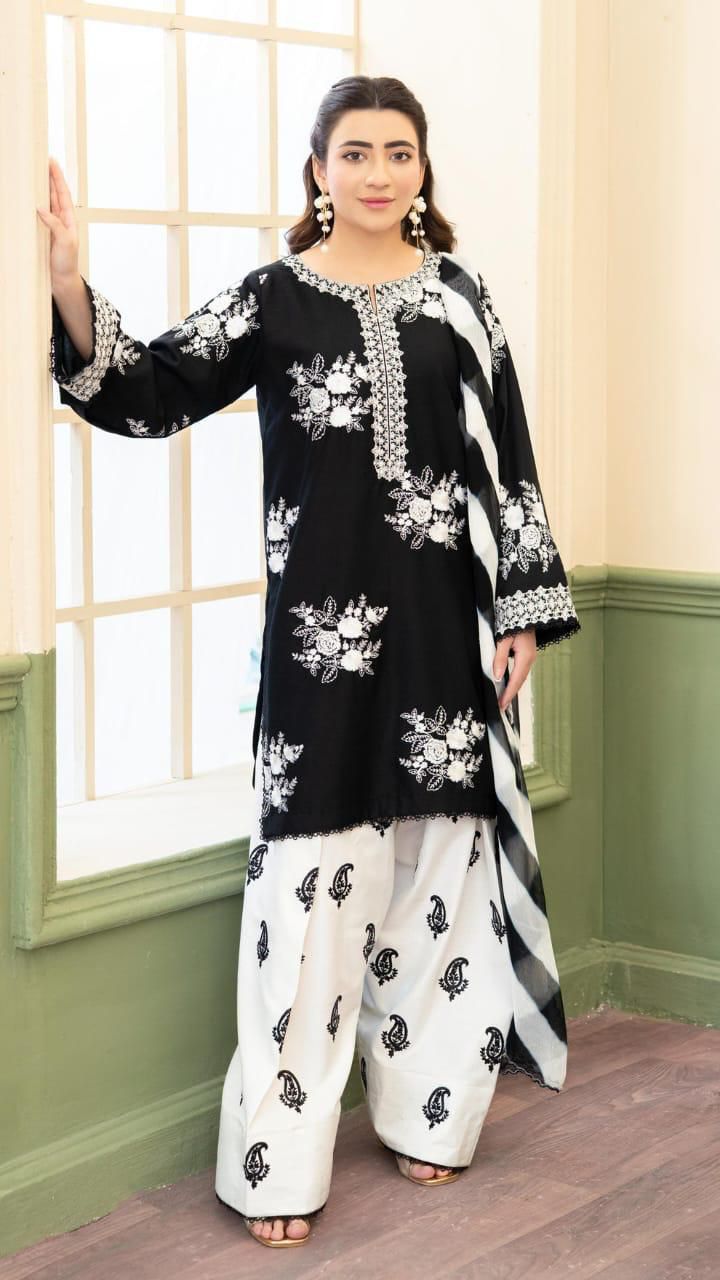 Monochrome Magic — 3-Piece Unstitched Embroidered Lawn Suit