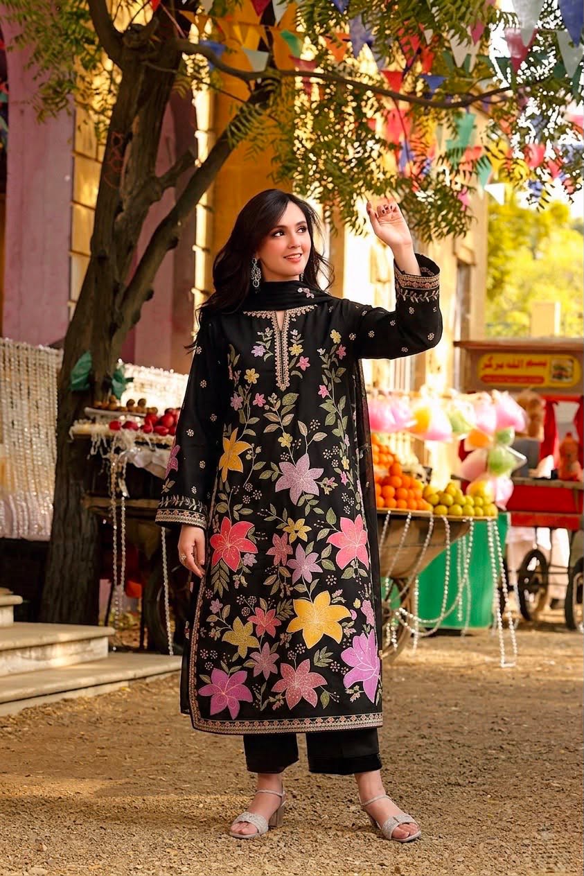 Black Floral — 3-Piece Unstitched Embroidered Lawn Suit