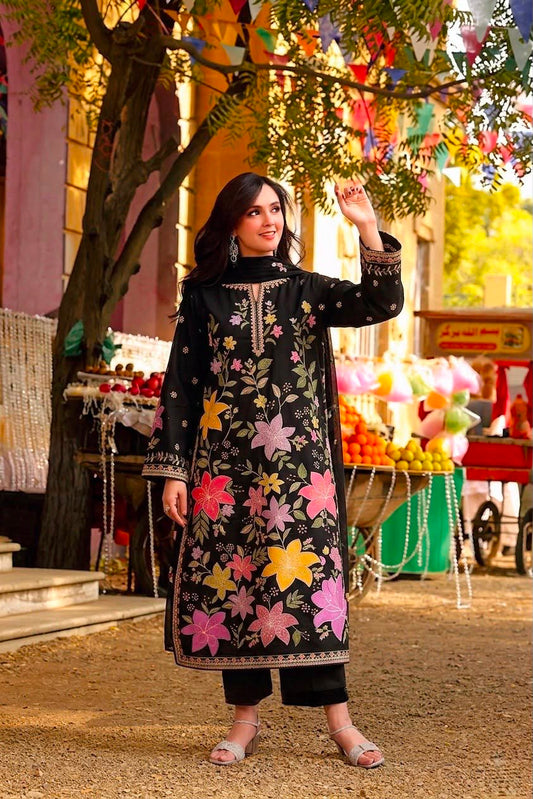 Black Floral — 3-Piece Unstitched Embroidered Lawn Suit