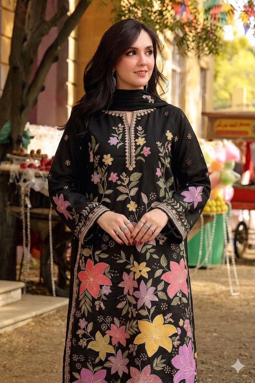 Black Floral — 3-Piece Unstitched Embroidered Lawn Suit